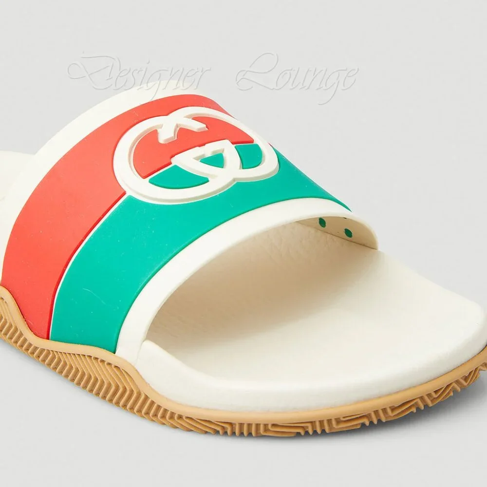 NEW GUCCI Women's Agrado Interlocking G Logo Cream Rubber Slides EU 38 US 8